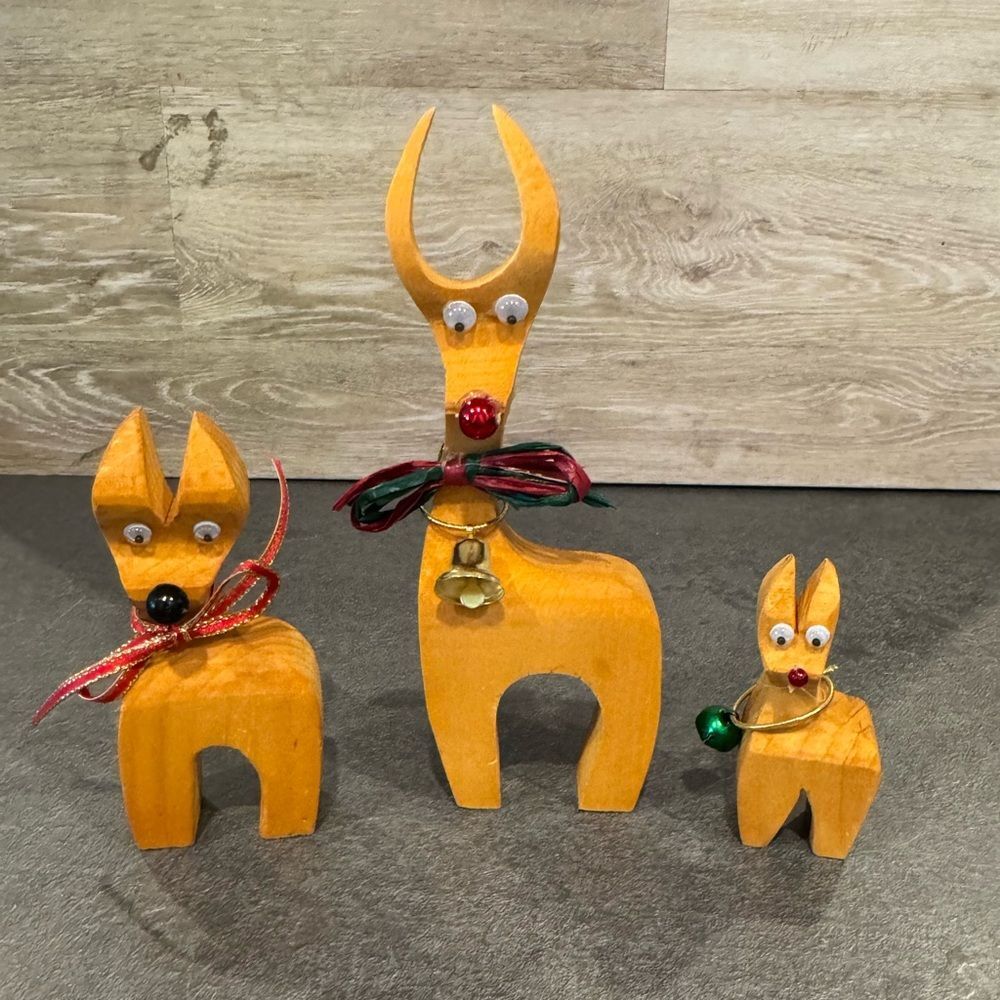 Set of 3 Handcrafted Wood Reindeer Figurines